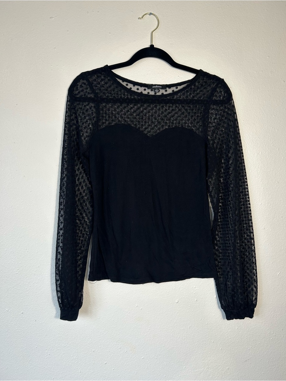 Ambiance Black Mesh Polka Dot Long Sleeve Top Sweetheart Neckline Women's Size L